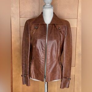 AKRIS PUNTO Tailored Brown Lamb Leather Zip Jacket with Button Details, Size 10